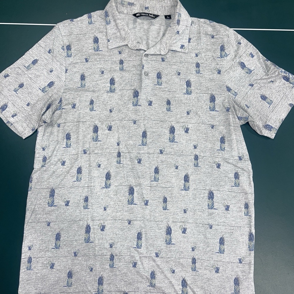 Travis Mathew Large Pineapple Drinks All Over Print Pattern Hawaiian Polo Shirt